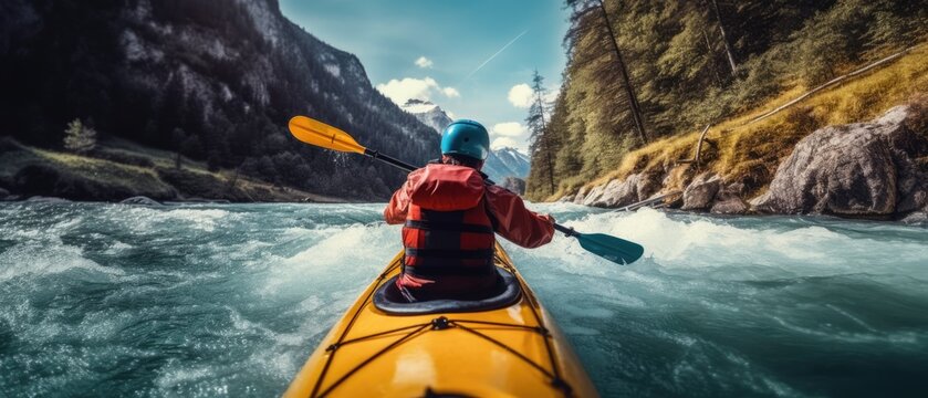 Whitewater kayaking, extreme kayaking. A guy in a kayak sails on a mountain river.