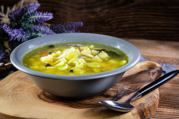 Barley soup with vegetables and chicken.
