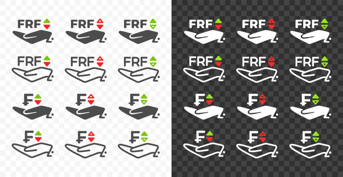 Hand and French Franc, FRF with up and down arrow currency exchange rate vector design. Foreign currencies and exchange rates value graphic design. Currency trade chart