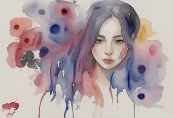Women faces watercolor illustration with colourful water colours.