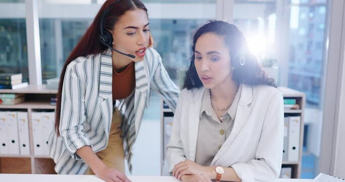 Call center, women and training at laptop in office for help with customer service, CRM software and questions. Business people, sales mentor and telecom team consulting for telemarketing at computer