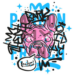 French Bulldog Head Risograph Aesthetic Illustration Tee Print Design for t shirt Printing Pardon My French Typography and Graffiti Tags Over Vector Graphic On White Background - obrazy, fototapety, plakaty