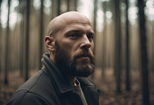 Bald man with beard in the forest