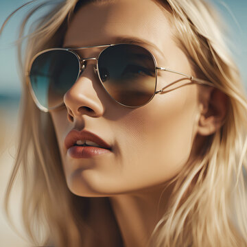 Blond woman with sunglasses at the beach