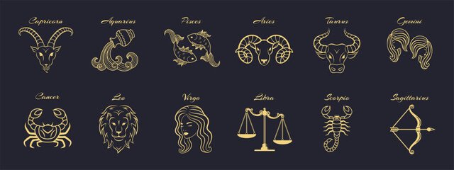 Set of zodiac signs. Symbols and icons of astrology horoscope. Vector illustrations - obrazy, fototapety, plakaty