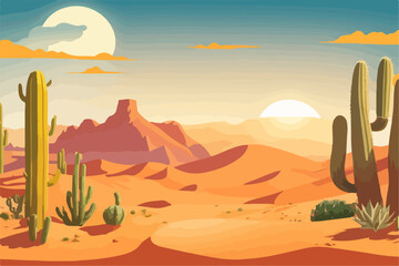 Cartoon desert landscape with cactus, hills, sun and mountains silhouettes, vector nature horizontal background.	
