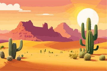 Cartoon desert landscape with cactus, hills, sun and mountains silhouettes, vector nature horizontal background.	
