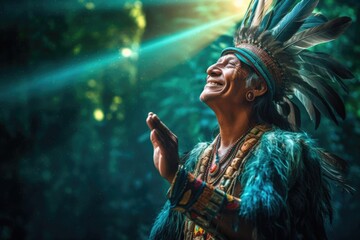An Indian shaman in a headdress of bright feathers with his hand raised up smiles against the background of a beautiful sunny forest