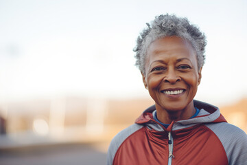 Portrait happy middle aged african american cheerful woman with gray short hairstyle outdoors looking at camera, copy space. Senior active people concept