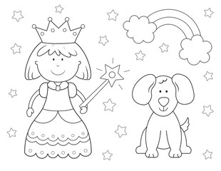 princess with dog coloring page for kids. you can print it on 8.5x11 inch paper