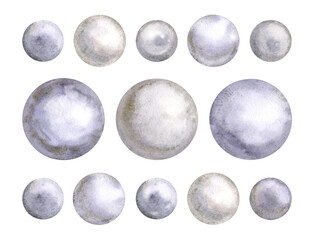 Set of hand drawn sea pearls. Watercolor illustration. Isolated.