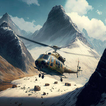 Soviet helicopter in the Pamir mountains, generative AI.