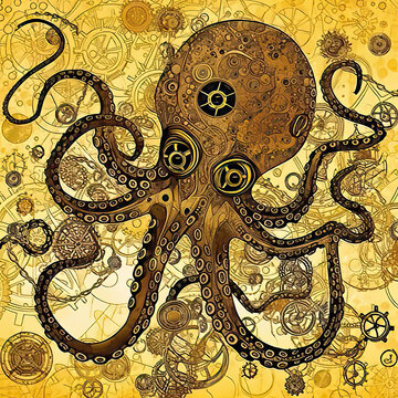 steampunk octopus in gold ocean