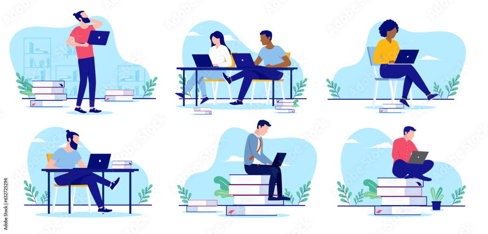 Poster education and learning collection - set of vector illustrations with people studying with books and 
