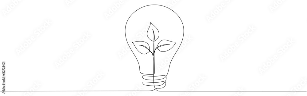 Poster lightbulb with leaf continuous line drawing. sprout with leaves inside lamp. hand drawn linear eco s