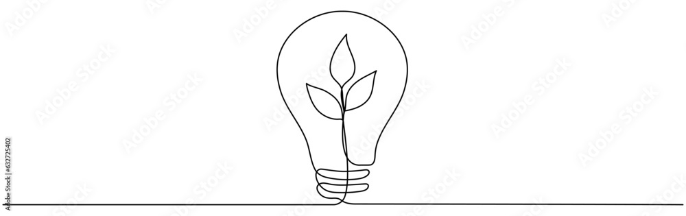 Poster lightbulb with leaf continuous line drawing. sprout with leaves inside lamp. hand drawn linear eco s