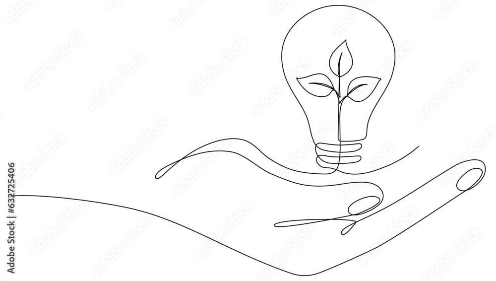 Aufkleber lightbulb with leaf in hand continuous line drawing. arm holding sprout with leaves inside lamp. lin