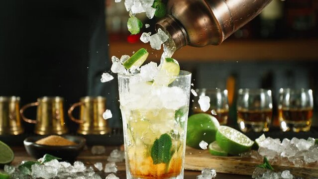 Super Slow Motion Shot of Prepairing Fresh Mojito Drink on Bar With Camera Motion at 1000fps