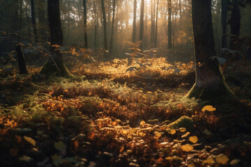 Sunlight filtering through the trees, illuminating the forest floor. Forest, bokeh  - Powered by Adobe