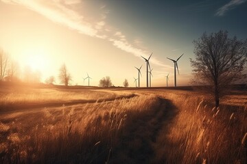 Windmills in the field at sunset. Wind power generation