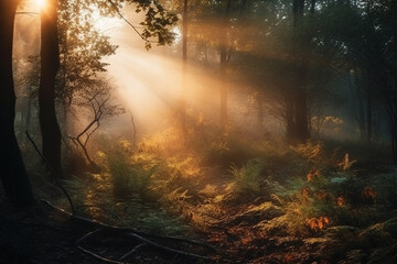A misty sunrise in the forest, with the sun peeking through the trees. Forest, bokeh 