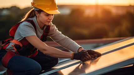 A woman engineer electrician using a hand to check solar panels on the roof.generative ai - obrazy, fototapety, plakaty