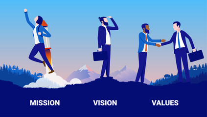 Business core values - Illustration of mission vision and values with corporate businesspeople in beautiful landscape. Flat design vector © Knut