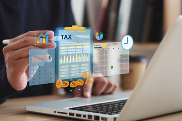 Tax concept. Person using computer to fill out personal income tax return to pay taxes online. State tax. Financial research. data analysis, documents, reports, tax returns, calculations.