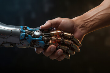 Handshake of man and robot, technology of the future. AI generative.