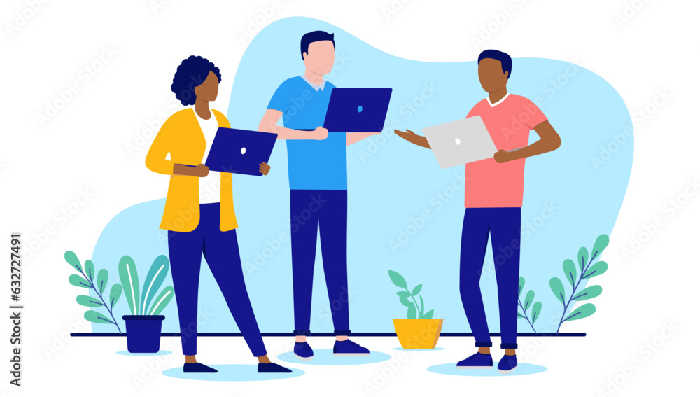 Poster people with computers working - team of three characters with laptops talking and having discussion 