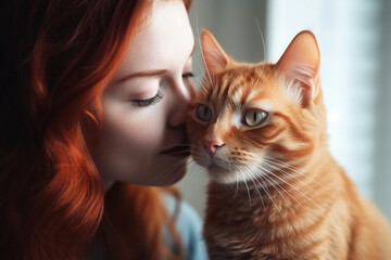 A Bond of Love: Joyful Woman and Content Ginger Cat in Close Proximity
