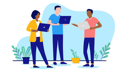 People with computers working - Team of three characters with laptops talking and having discussion at work. Flat design with white background