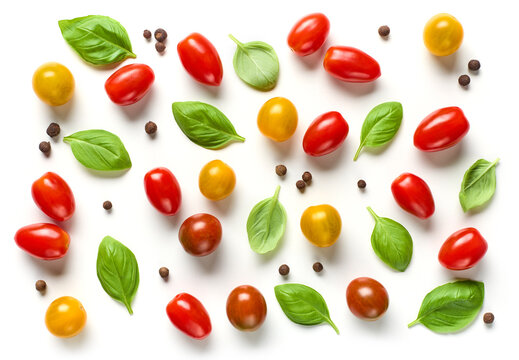 flat lay composition of various colorful tomatoes
