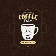 International coffee day celebration greeting card with cup of coffee. Vector illustration