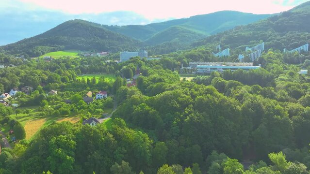 Scenery of the town and health resort in Ustron on the hills of the Silesian Beskids. Poland

