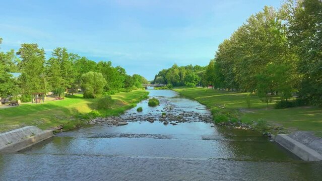 e Vistula river flowing through Ustroń and the view from the drone. Sunny summer day.