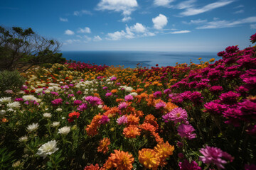 Obraz premium A colorful field of flowers against a backdrop of the serene ocean Generative Ai
