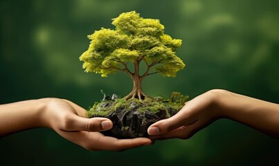 Two Hands holding a tree on on a small clod of soil. Nature background. Eco concept