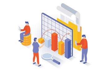 Business and marketing concept in 3d isometric design. People researching finance data at charts, accounting and planning processes for company. Vector illustration with isometry scene for web graphic