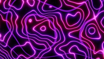 Abstract groovy distorted hoops background. Purple and pink curves and waves in dark space. Videogame style retrowave colors. Bright neon wallpaper. 4K 3D illustration