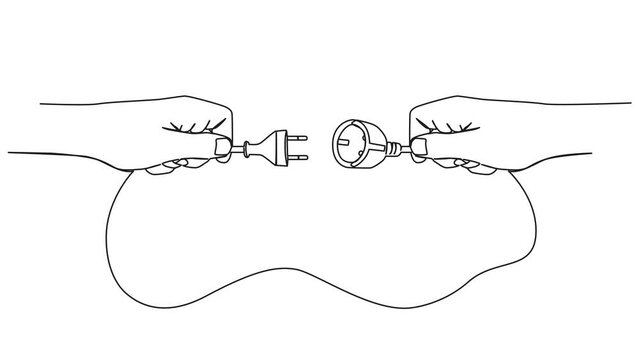animated continuous single line drawing of hands holding extension cord, electric plug and socket line art animation