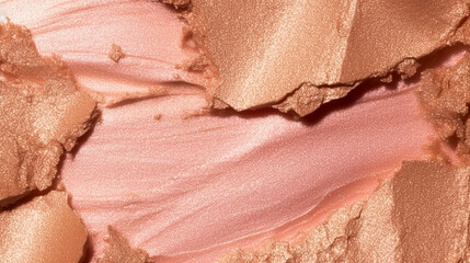 Beauty product texture and crushed cosmetics, pink gold makeup shimmer, blush eyeshadow powder as abstract luxury cosmetic background, generative ai