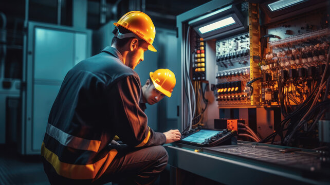 photograph of Two maintenance engineers inspect relay protection system with laptop computer. Bay control unit. Medium voltage switchgear