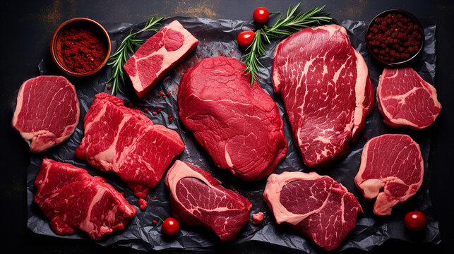 Variety of raw meat, black angus prime beef steaks machete, blade on bone, striploin, ribeye, tenderloin filet mignon on black background, top view copy space
