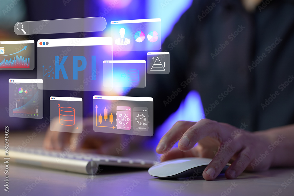Poster analytics dashboard of key performance indicator kpi using business intelligence, bi. metrics to mea
