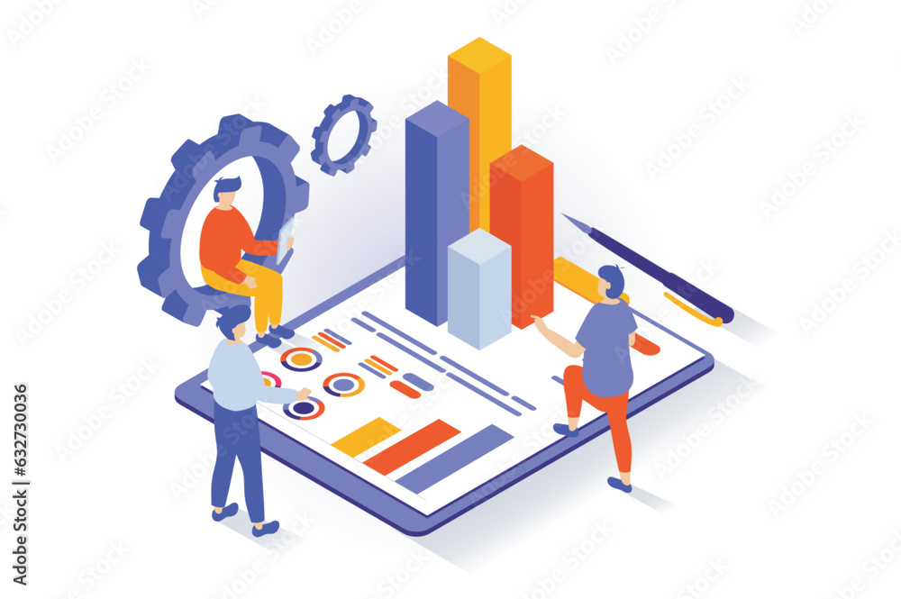 Poster business and marketing concept in 3d isometric design. people analyzing data on dashboard, developin