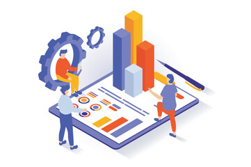Business and marketing concept in 3d isometric design. People analyzing data on dashboard, developing company, finding solutions for promotion. Vector illustration with isometry scene for web graphic