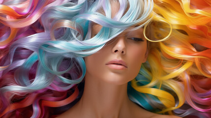 Naklejka premium Pretty woman with amazing hair, rainbow colours hair fantasy. Wallpaper, graphic background.