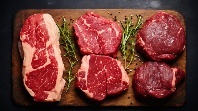 Variety of raw meat, black angus prime beef steaks machete, blade on bone, striploin, ribeye, tenderloin filet mignon on black background, top view copy space