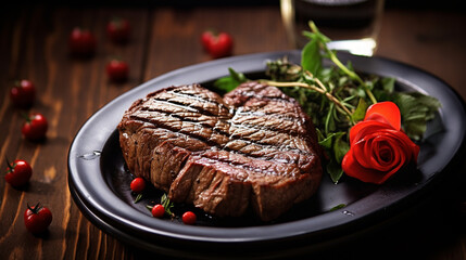 Grilled beef steak in shape of heart for Valentines day on a wooden background top view with copy space